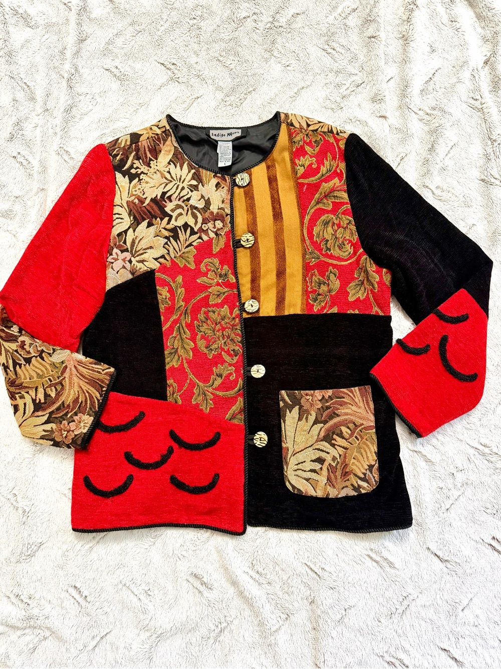 Vintage Indigo Moon Patchwork Tapestry Corduroy Jacket Red Black Boho L